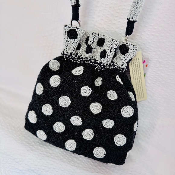 Black & White Beaded Polka Dot Bucket Bag – Statement Shoulder Purse NWT - Picture 2 of 6
